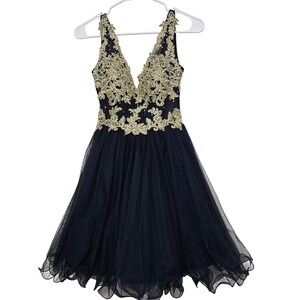 Blondie Nites Whimsigoth Fairy Prom Dress Gold Filigree Navy Tulle Gothic Glam 1